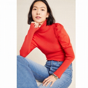 Nwt-Anthropologie “Chelsea” Ribbed Puff Sleeve Lightweight Turtleneck